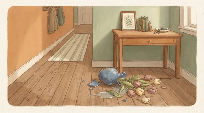 A blue vase lies broken on a wooden floor, tulips and water everywhere, with little paw prints leading away