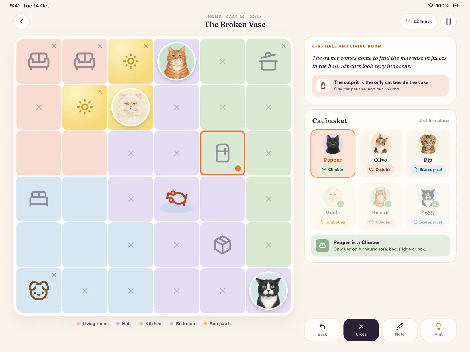 Case 38, The Broken Vase, on iPad: the 6×6 board with the case and the cat basket beside it