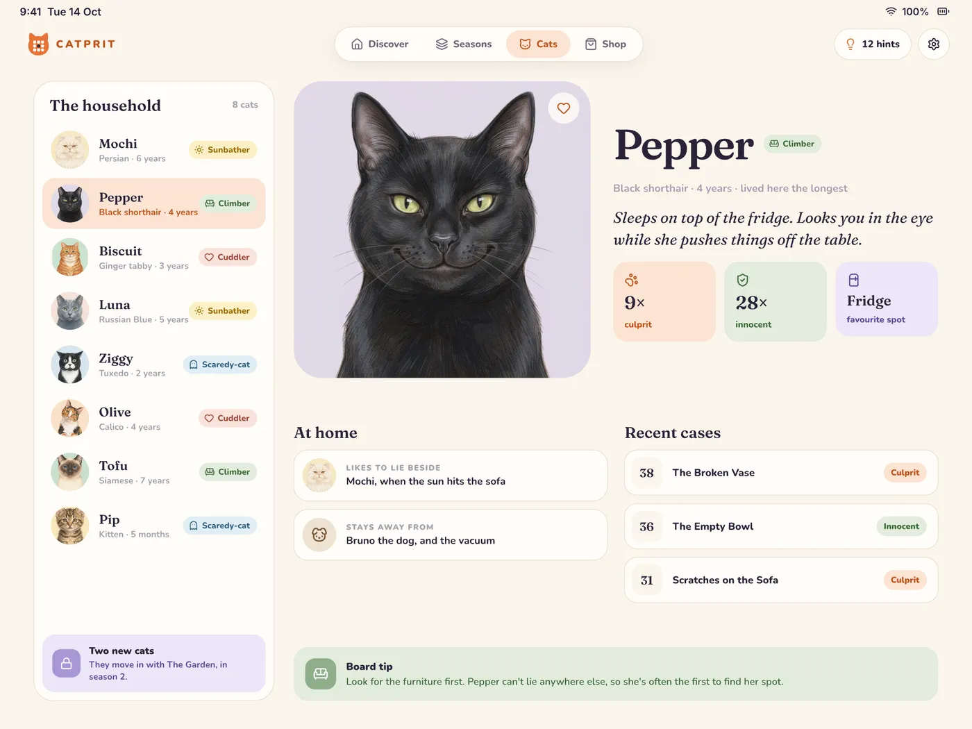 The household on iPad: Pepper's page with her habit, next to the list of all eight cats