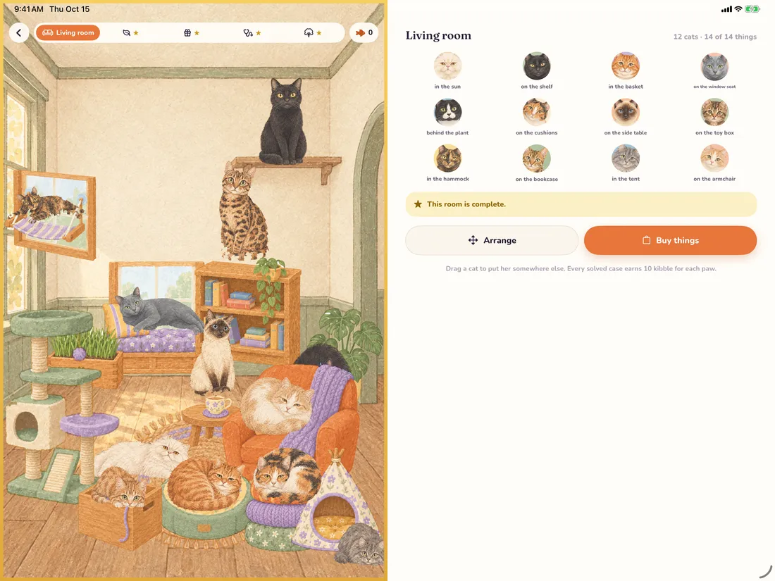 Catprit, a cozy cat puzzle game on iPad: the cats' house, with the living room full of cats