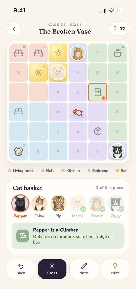 The cat detective game on iPhone: case 38, The Broken Vase, a 6×6 logic puzzle board with the cat basket below