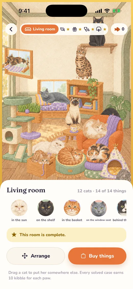 The living room in the cats' house on iPhone, with twelve cats and a complete set of things